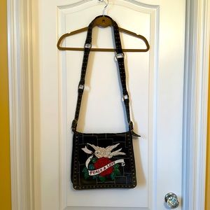 ISABELLA FIORE Beaded Embroidered Dove Peace Love Rose tattoo Bag Purse.